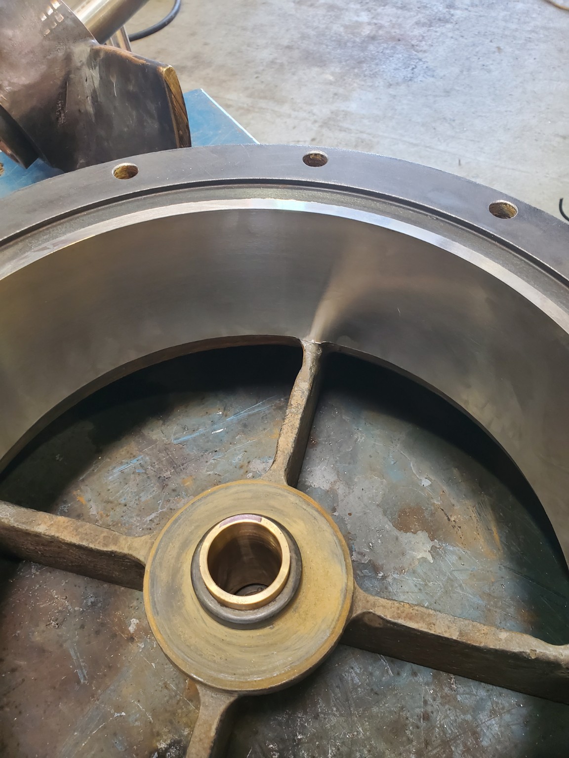 After repair: machined pump bowl surface and bearing